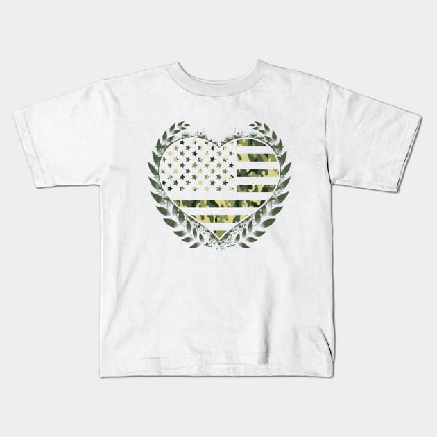 Camo Flag Hearth Desert Veteran US Design Kids T-Shirt by Dojaja